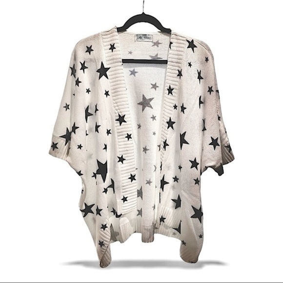 NWT Star Print Kimono Knit Sweater Dolman Sleeve Open Cardigan White M - Picture 2 of 16